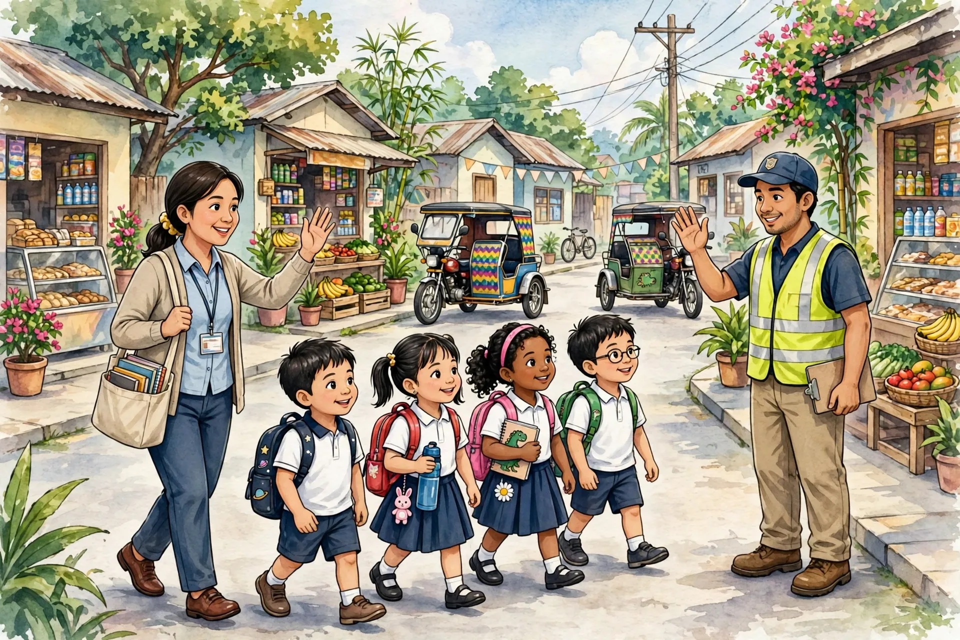 Teacher guiding young Filipino learners on a community walk for their Makabansa class