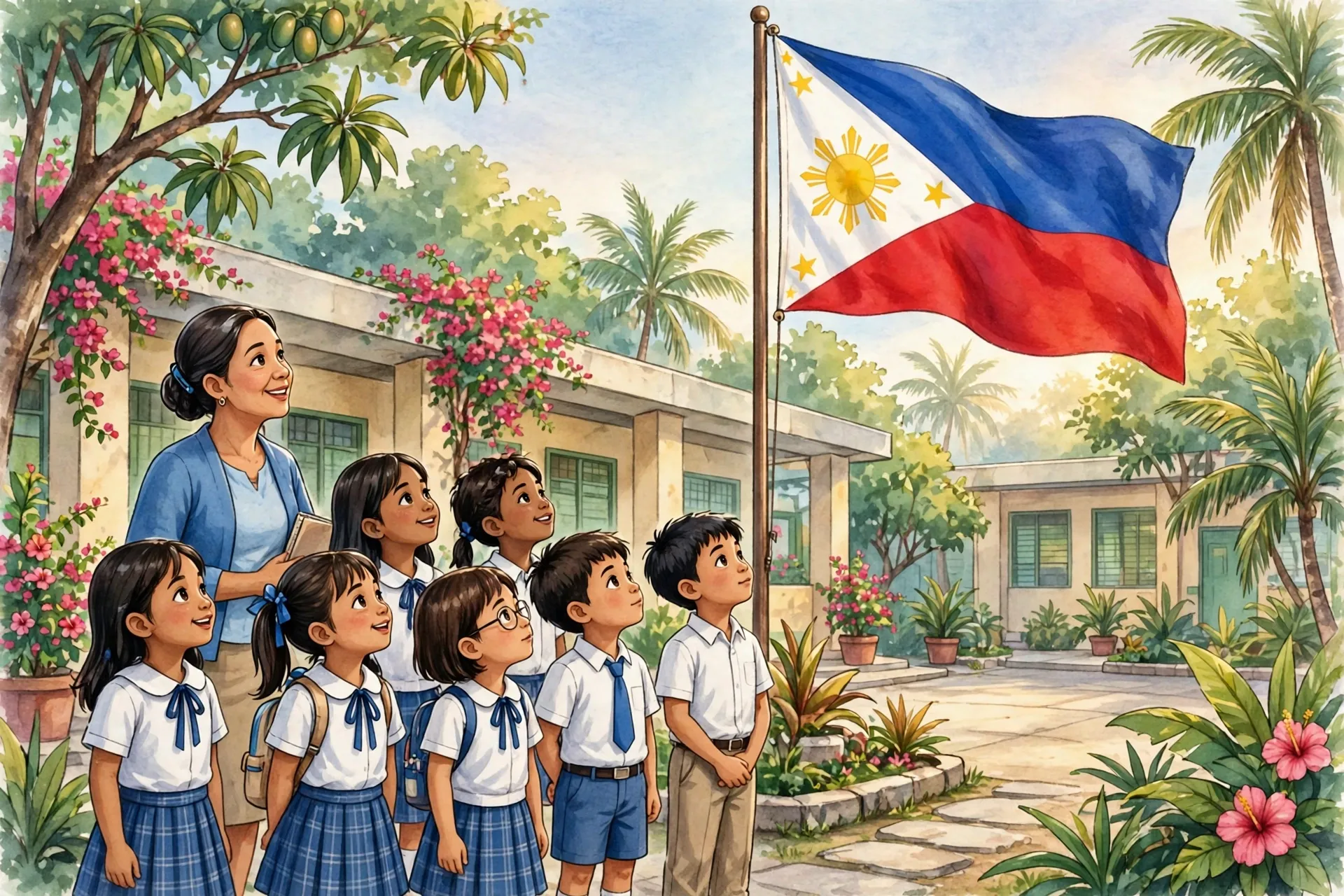 Filipino pupils learning about the Philippine flag and national symbols in a Makabansa lesson