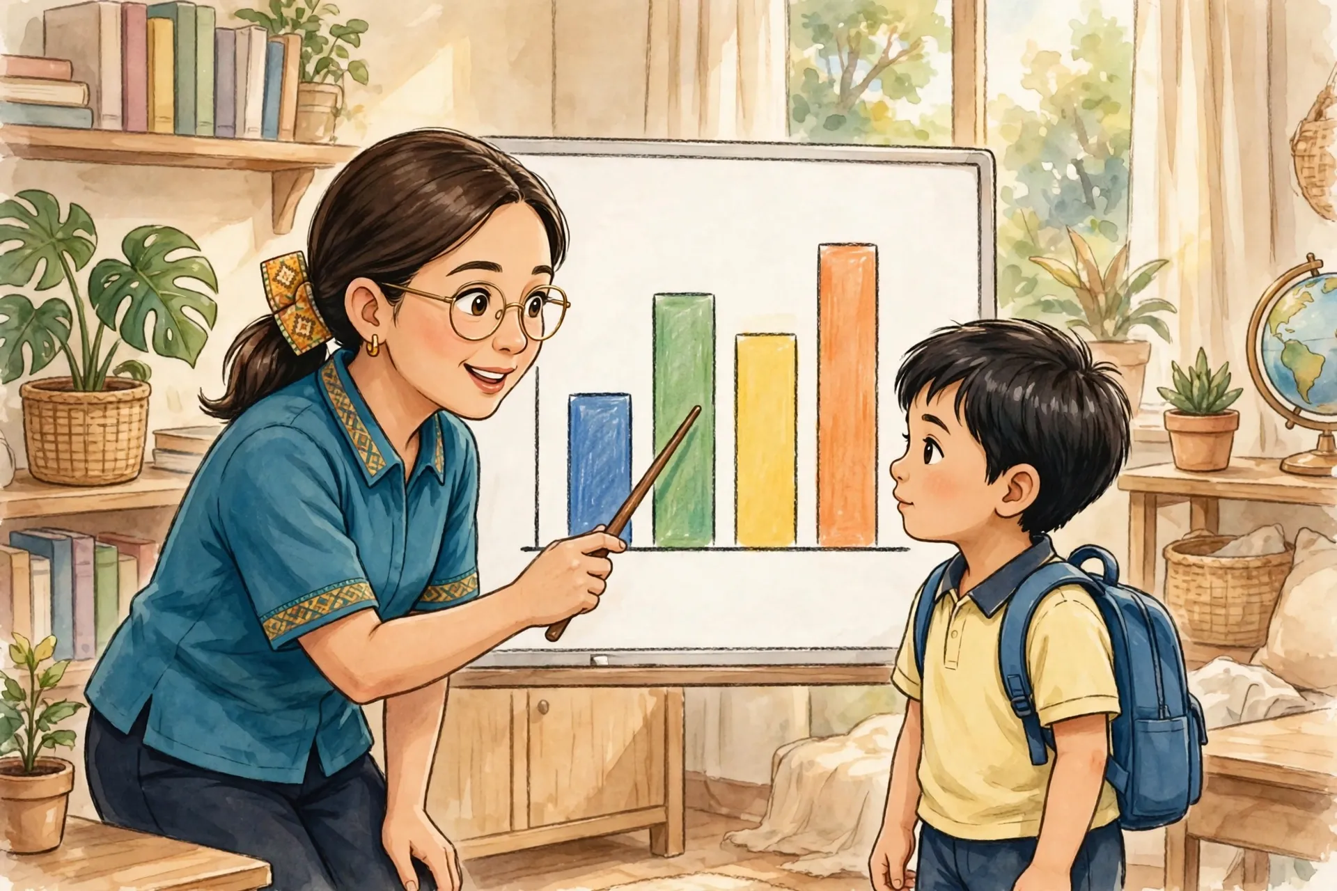 A Filipino teacher guiding a young student through a bar chart on a whiteboard, showing assessment in the MATATAG Mathematics curriculum guide