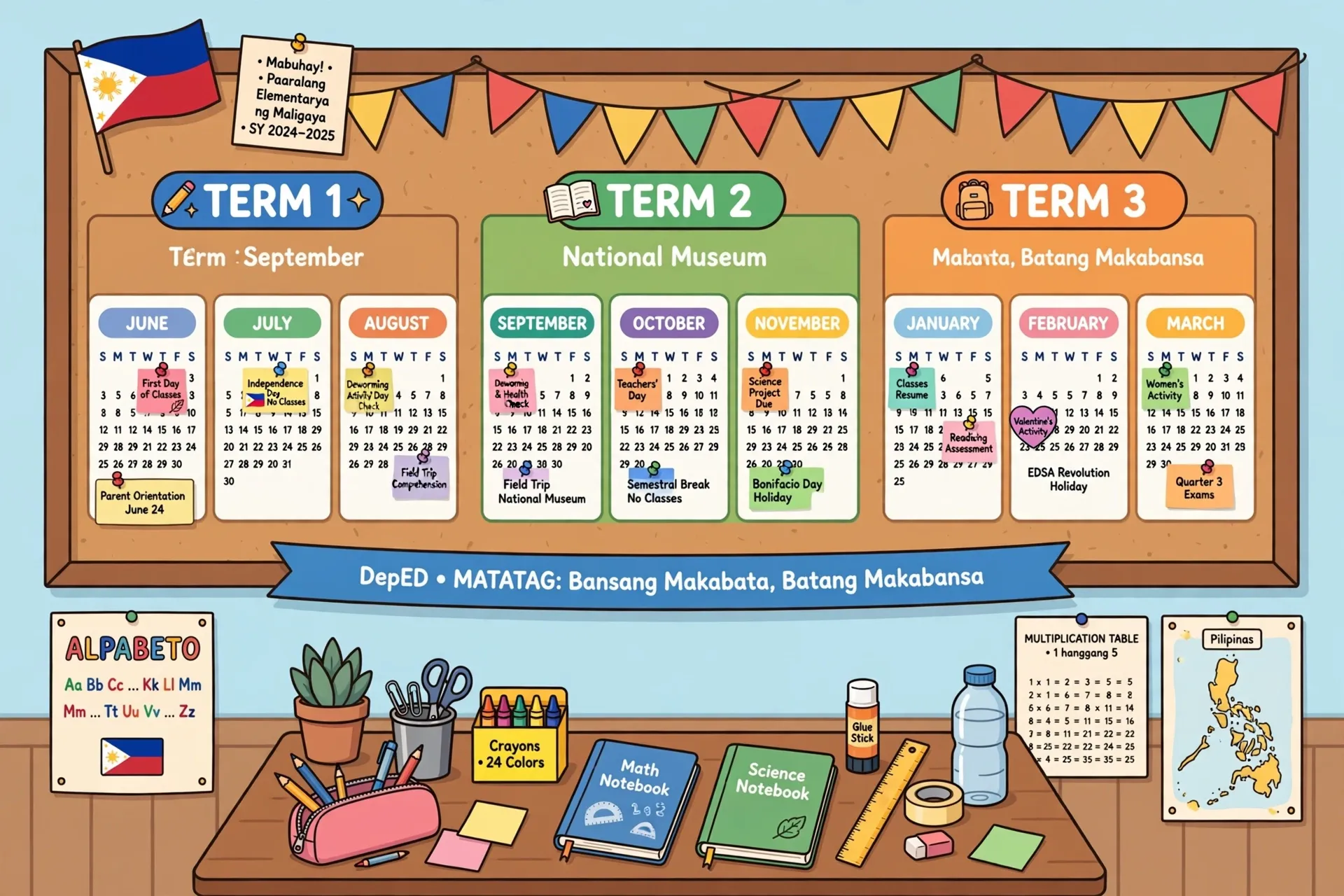 Three-term overview of the school calendar 2026 to 2027 DepEd Philippines on a classroom bulletin board