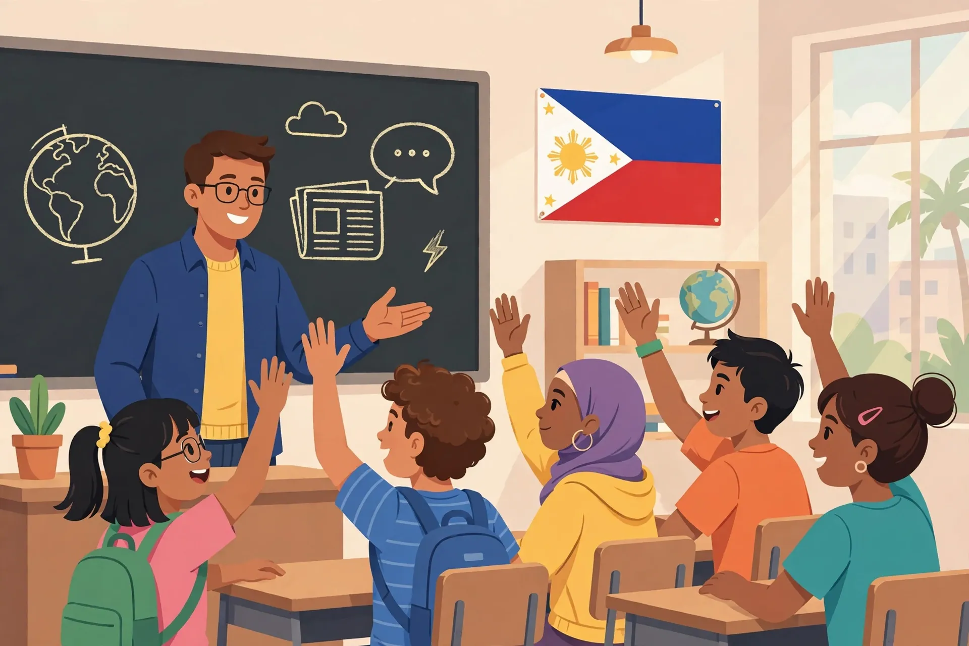 Teacher leading a current events discussion in an Araling Panlipunan class under the MATATAG curriculum