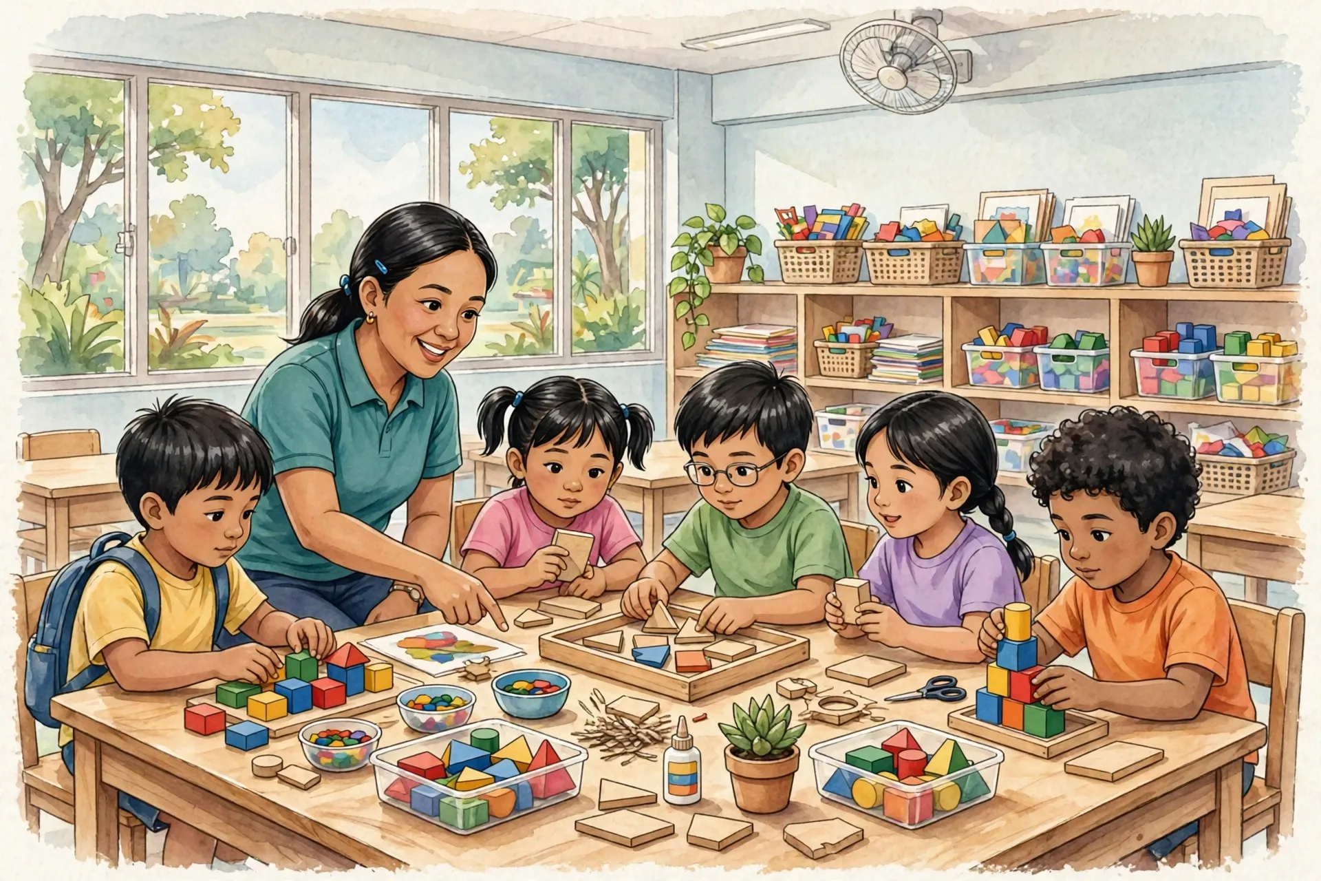 A Filipino teacher guiding pupils through a group activity using a teacher's guide in a MATATAG classroom