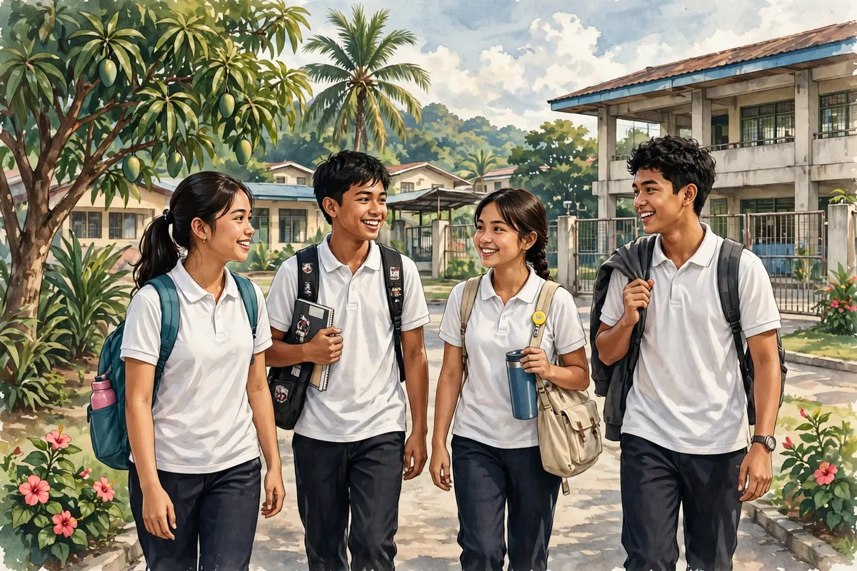 Filipino students in white tops and pants at school