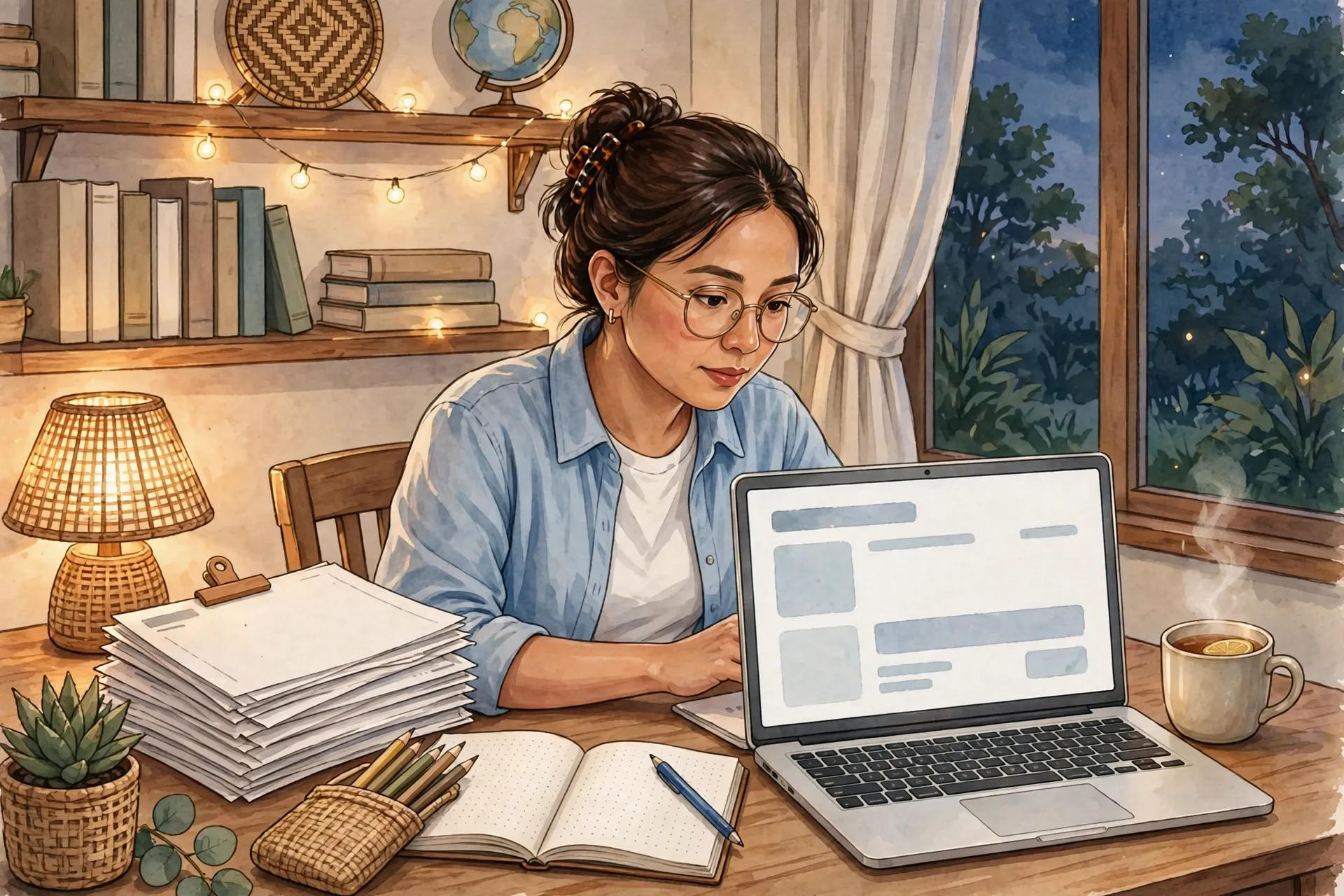 A Filipino teacher looking for an official teacher's guide online with lesson guides beside her