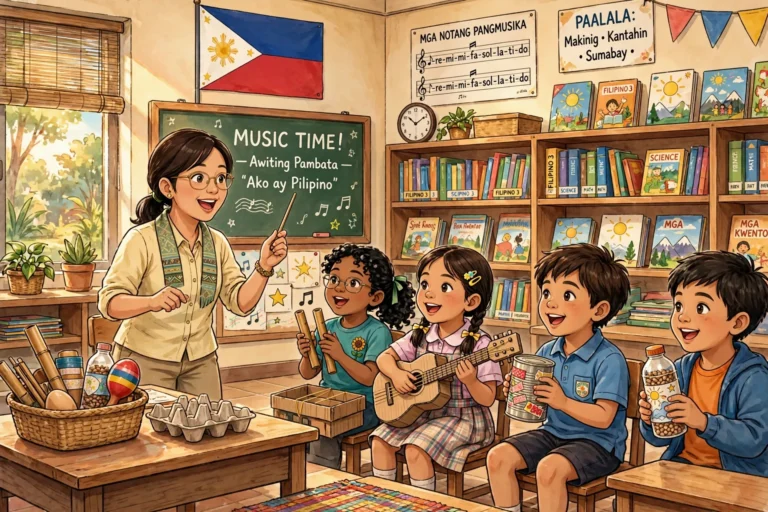 Filipino teacher leading a MAPEH music activity in a classroom — MATATAG MAPEH curriculum guide featured image