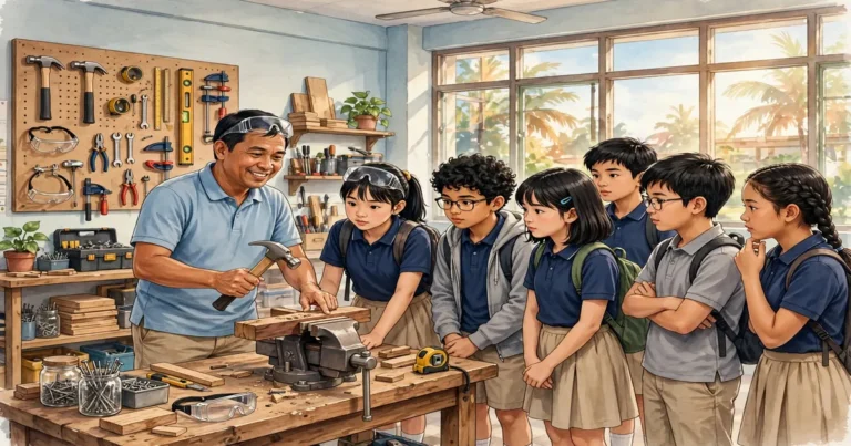 Filipino teacher demonstrating hand tools to students for the MATATAG TLE curriculum guide