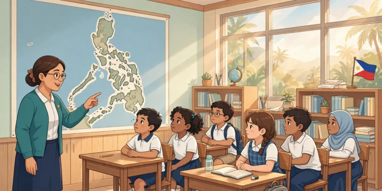 Filipino teacher pointing at a map of the Philippines in an Araling Panlipunan classroom under the MATATAG curriculum