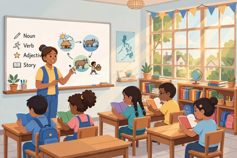 Filipino teacher teaching parts of speech and local stories in the MATATAG English curriculum guide