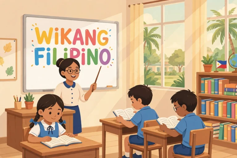 Teacher leading a Wikang Filipino lesson in a classroom under the MATATAG Filipino curriculum guide