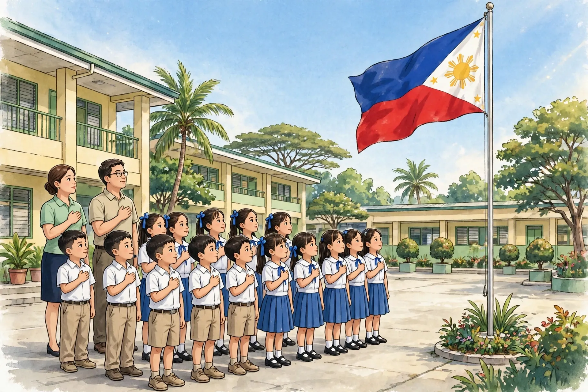 Filipino learners at a morning flag ceremony living out matatag na edukasyon, matatag na karakter as Batang Makabansa
