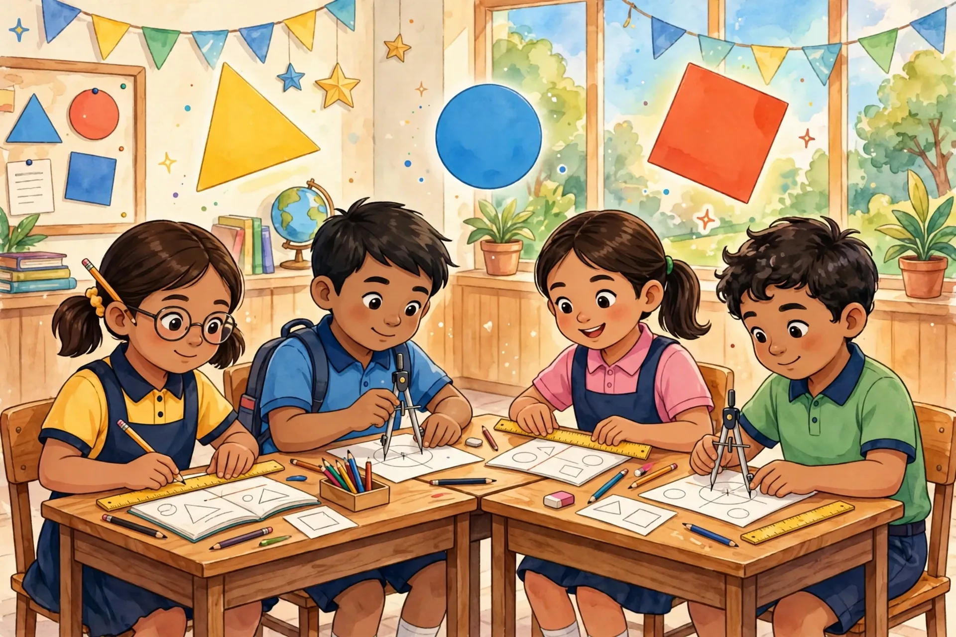 Filipino grade school students measuring with rulers and compasses among colorful geometric shapes in the MATATAG Mathematics curriculum guide