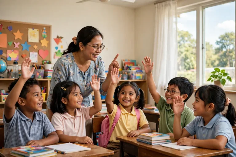 Elementary teacher guiding young pupils in a values activity
