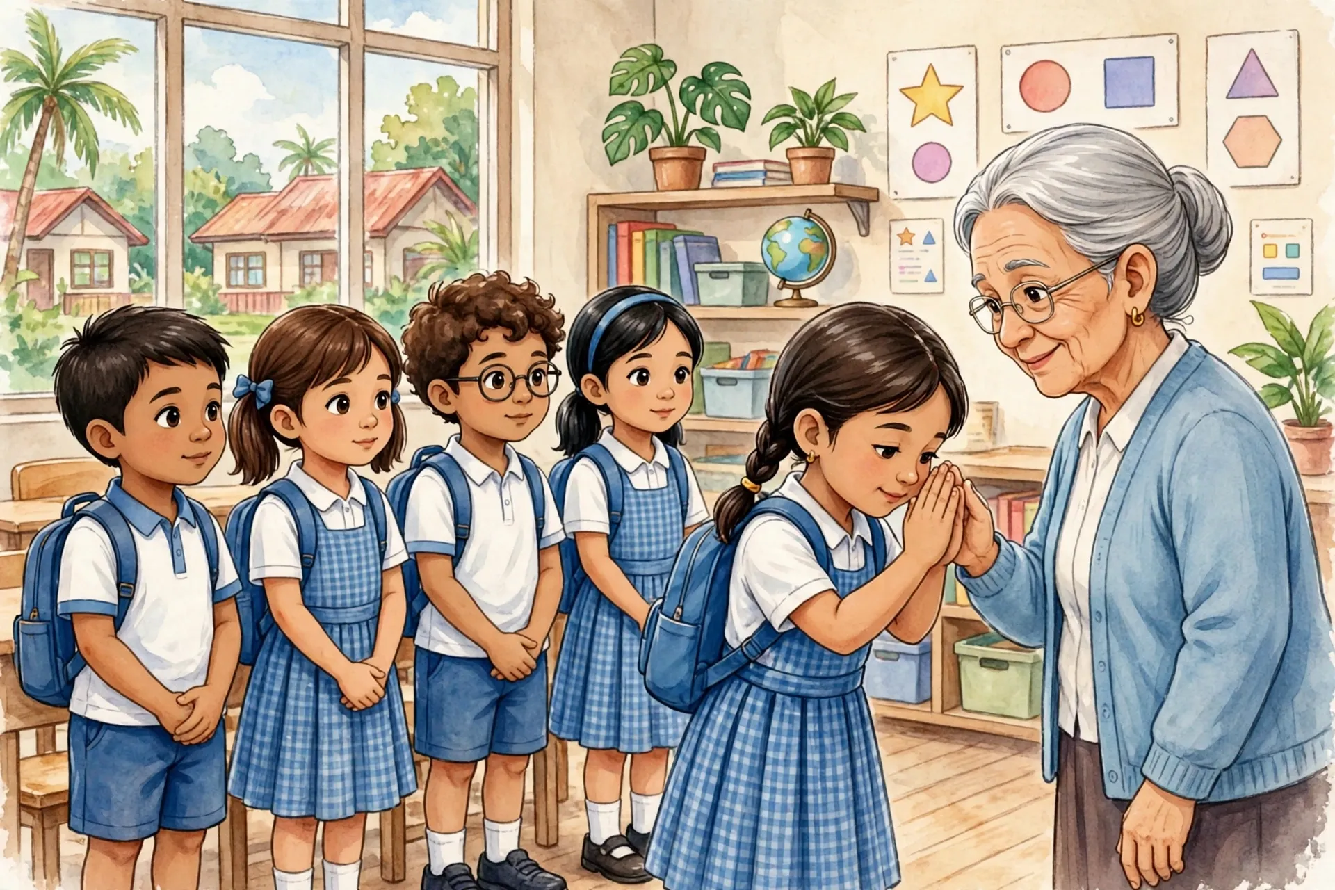 Filipino pupils practicing good manners in class — the matatag na karakter half of the MATATAG motto in action