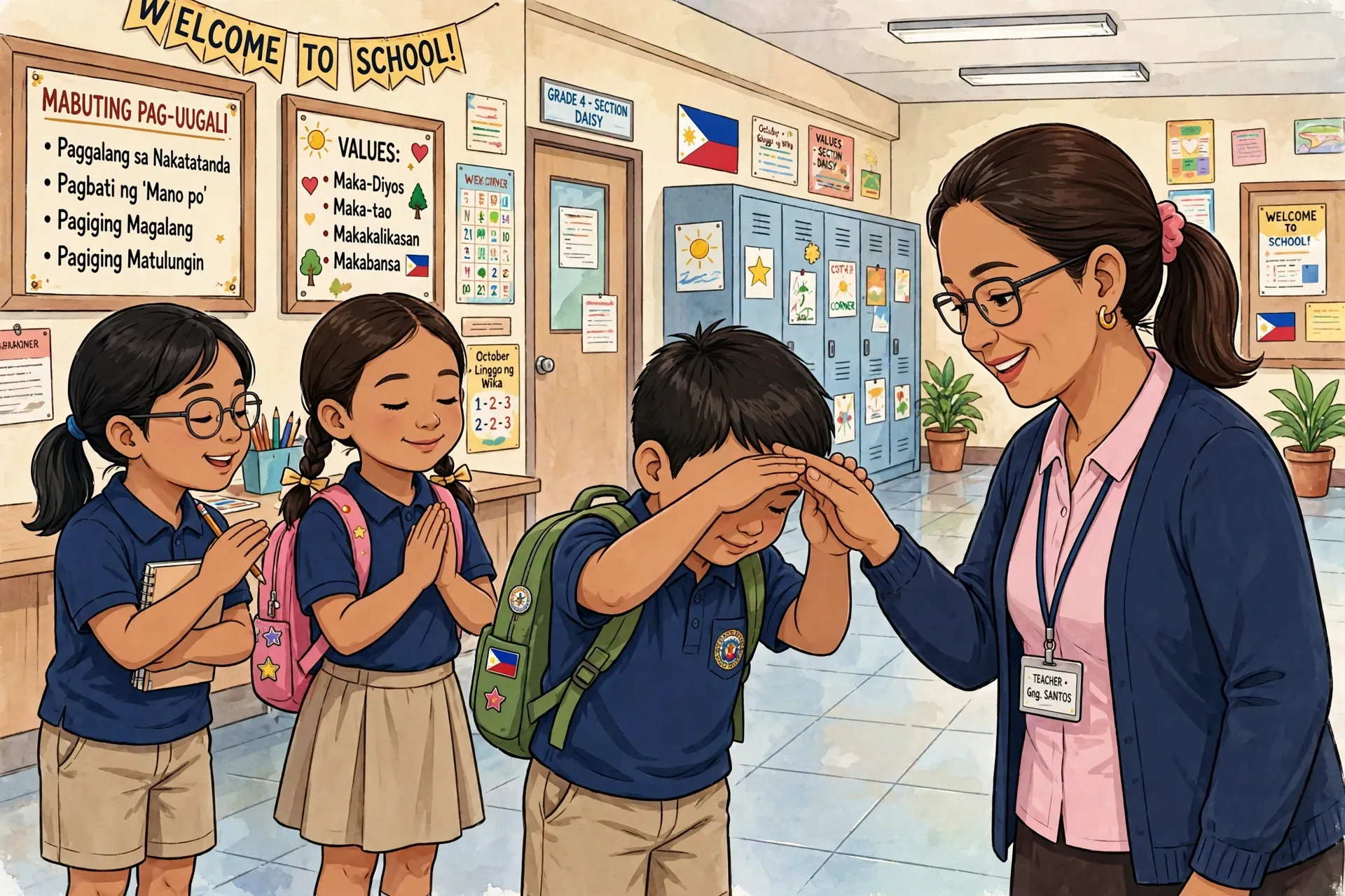 Filipino pupils showing good manners with the mano po greeting in a GMRC class