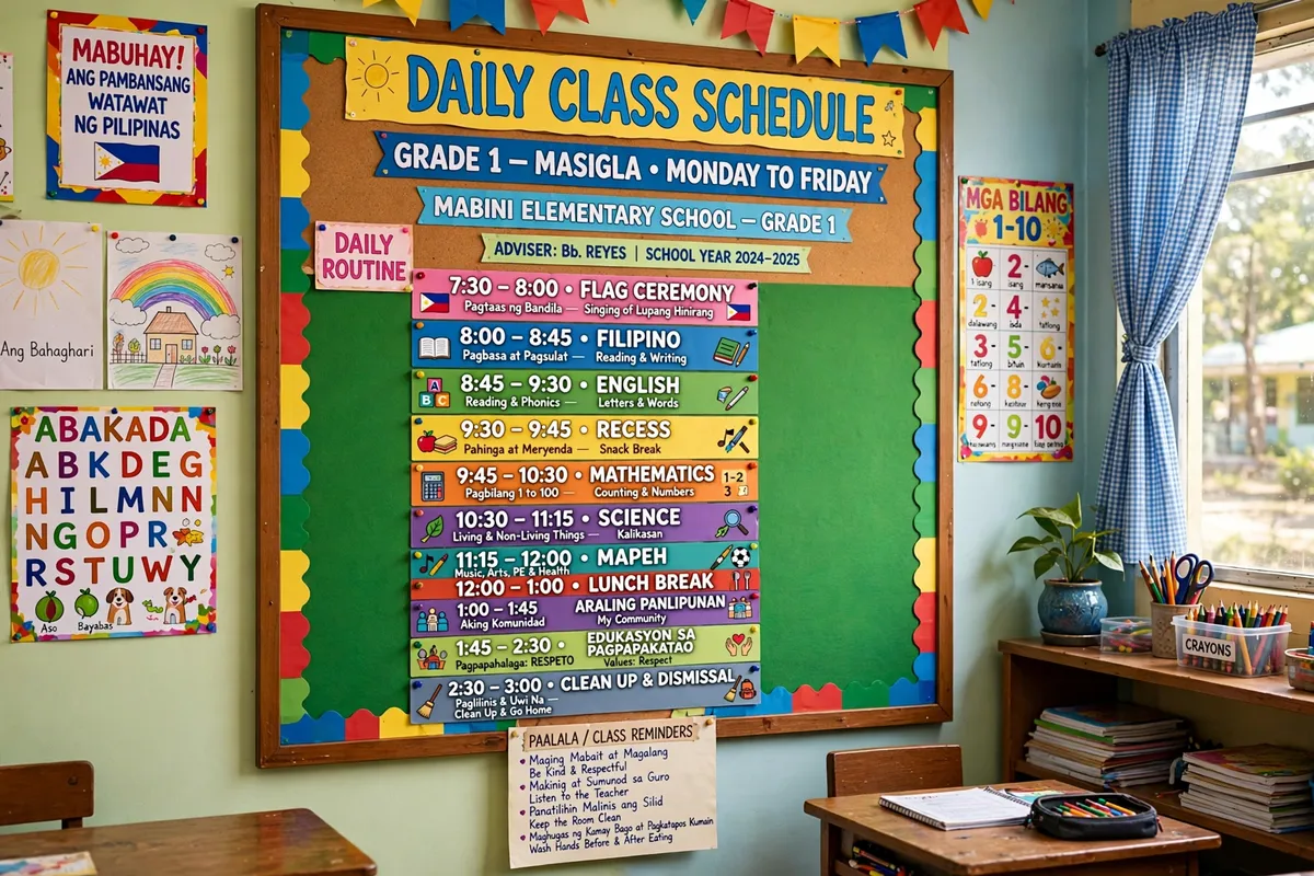 Grade 1 daily class schedule timetable under MATATAG curriculum