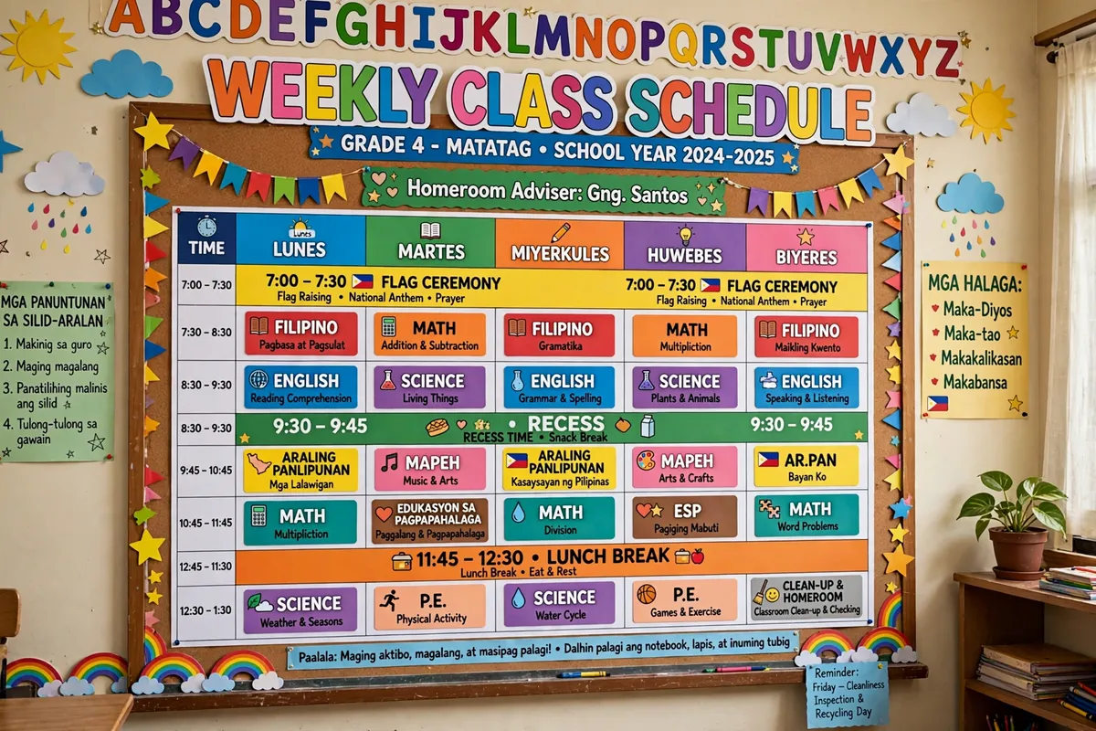 Grade 4 weekly class schedule timetable under MATATAG curriculum