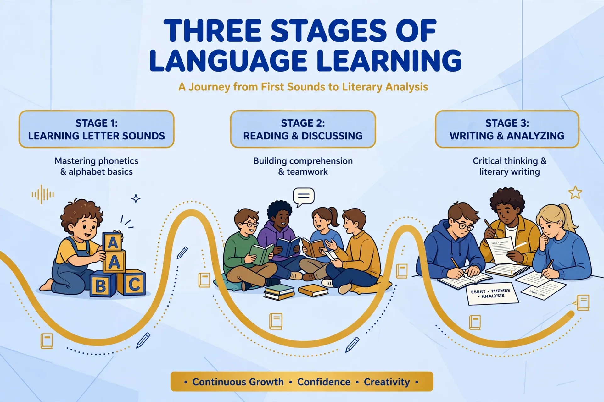 Infographic showing the three MATATAG Filipino curriculum guide key stages: foundation literacy, applied literacy, and text mastery
