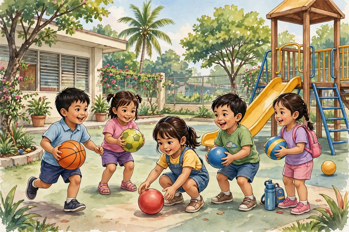 Kindergarten children playing outdoors at school
