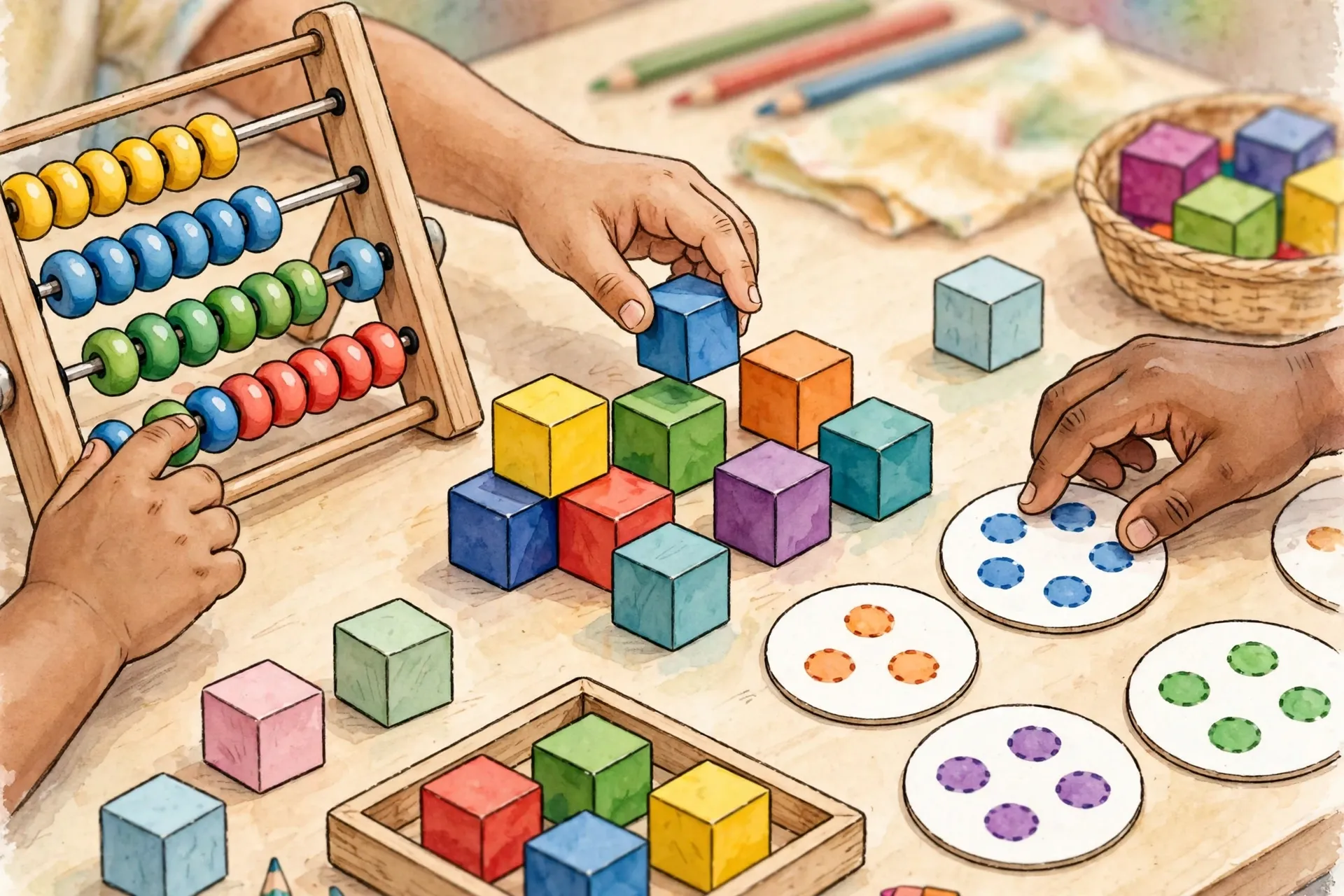 Children's hands using colorful math manipulatives like counting blocks and an abacus in the MATATAG Mathematics curriculum guide