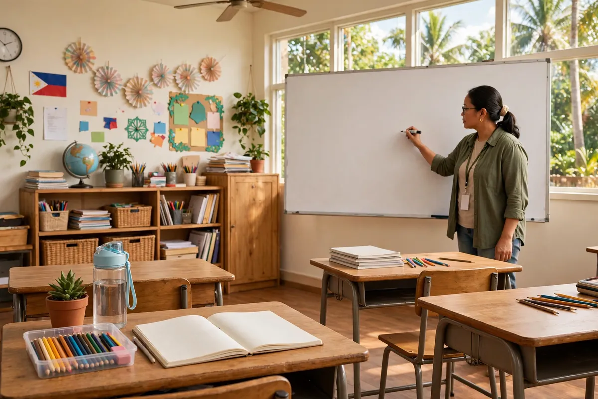 Teacher writing lesson plans on a whiteboard in a classroom