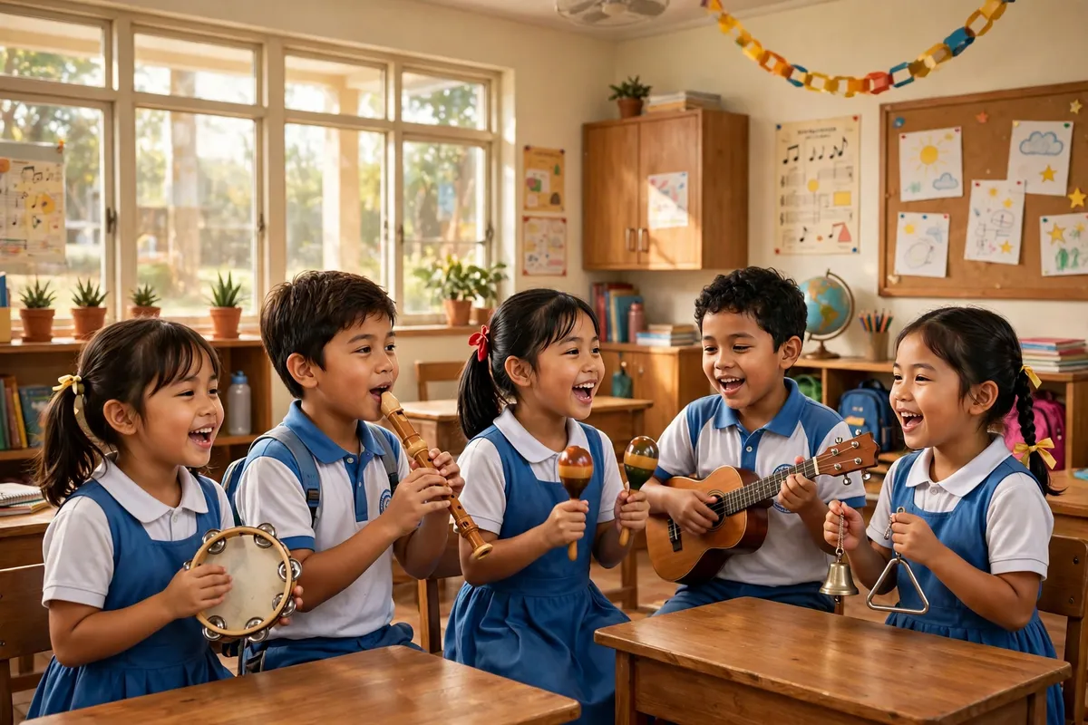Filipino pupils singing and playing music in a classroom