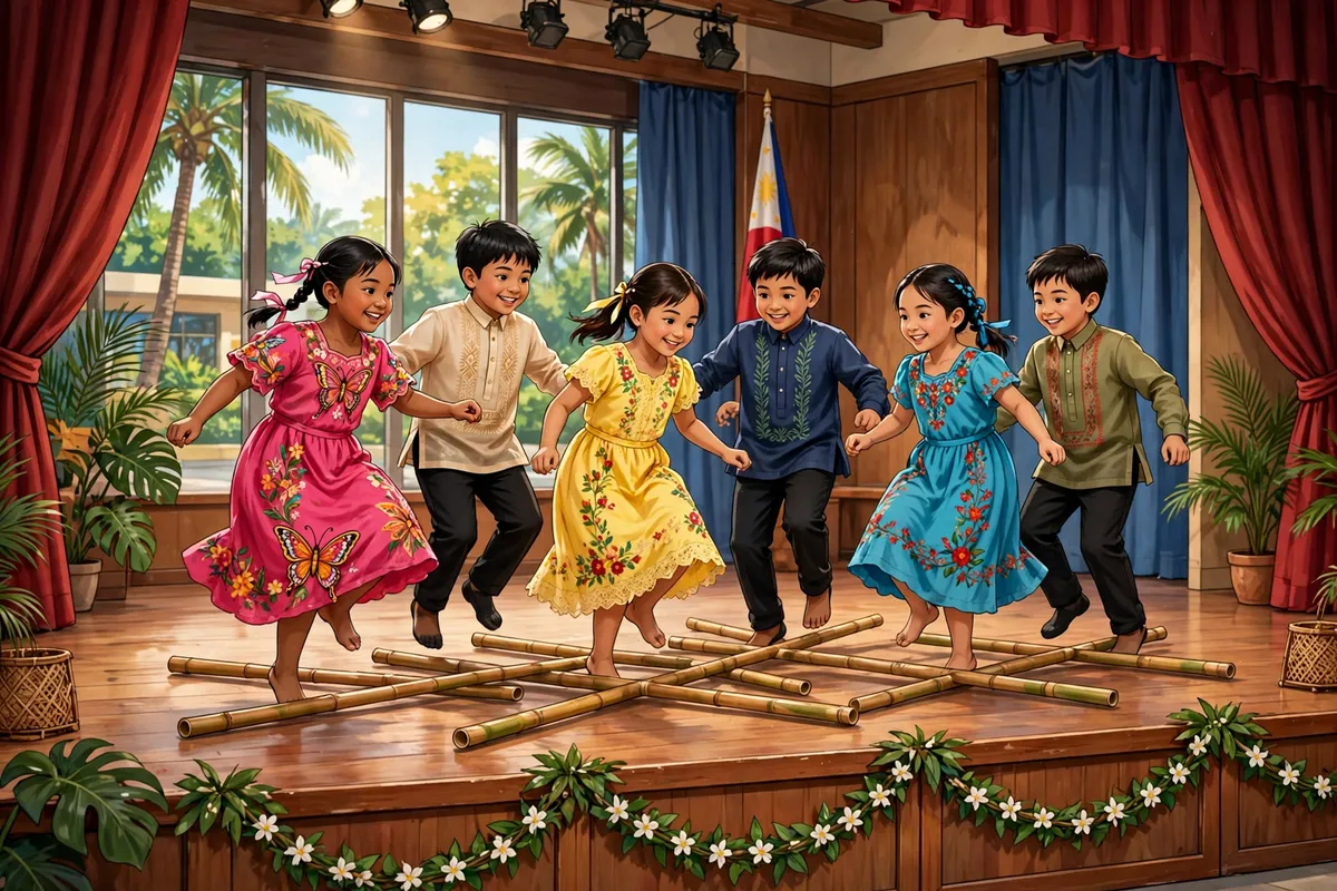 Filipino pupils performing a folk dance on stage