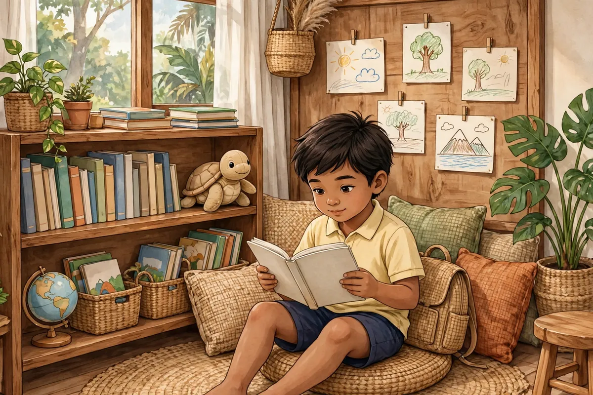 Young learner reading a book in a classroom