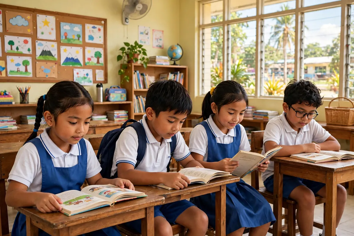 Filipino elementary pupils reading books in a classroom