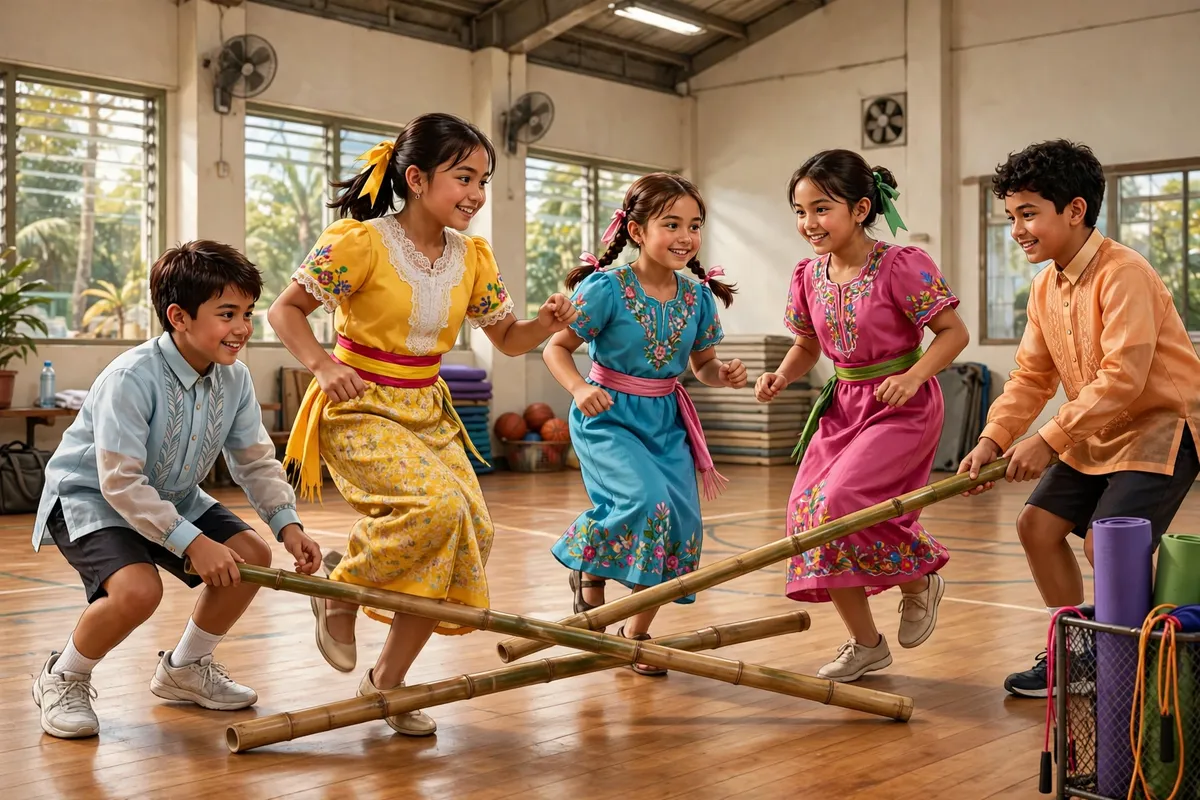 Filipino students performing a folk dance in PE class