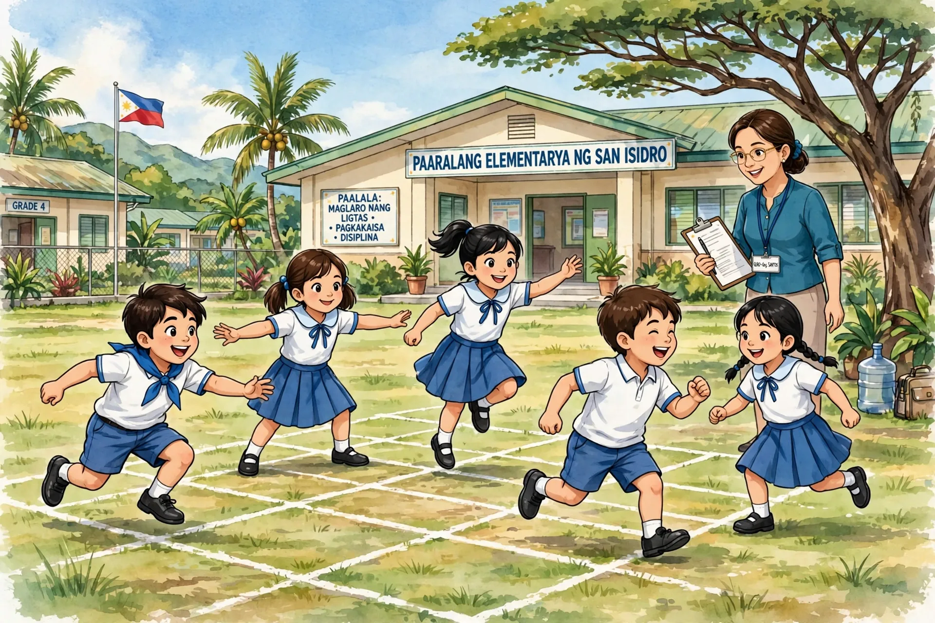 Filipino schoolchildren playing traditional outdoor games in PE class under the MATATAG MAPEH curriculum guide