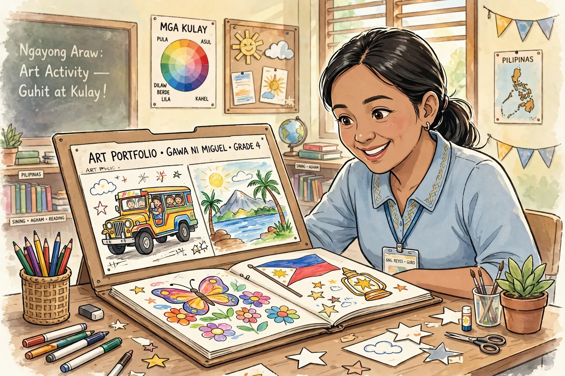 Teacher reviewing a student MAPEH portfolio with artwork for the MATATAG MAPEH curriculum guide
