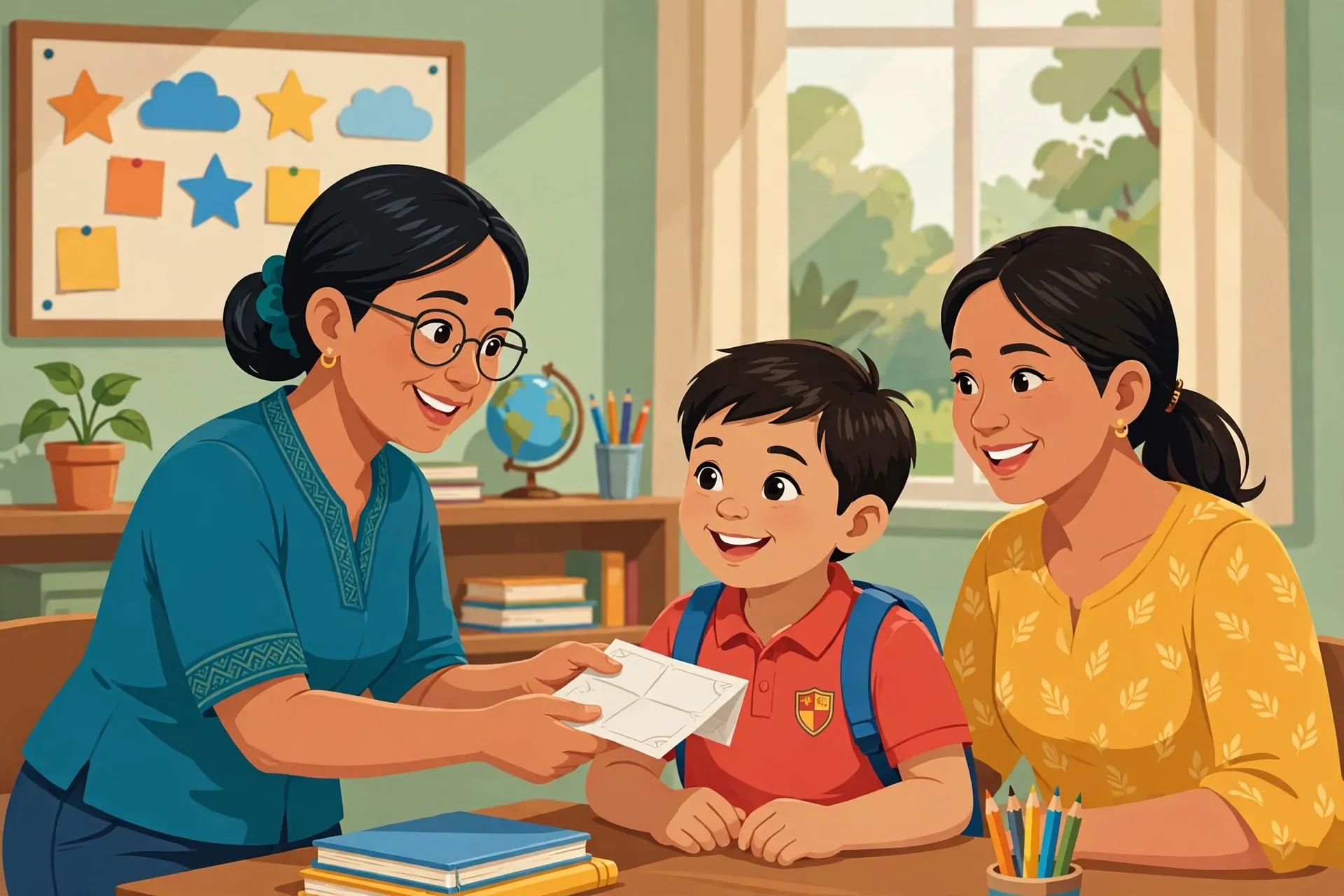 Teacher discussing a learner’s MATATAG grading system report card with a parent during a conference
