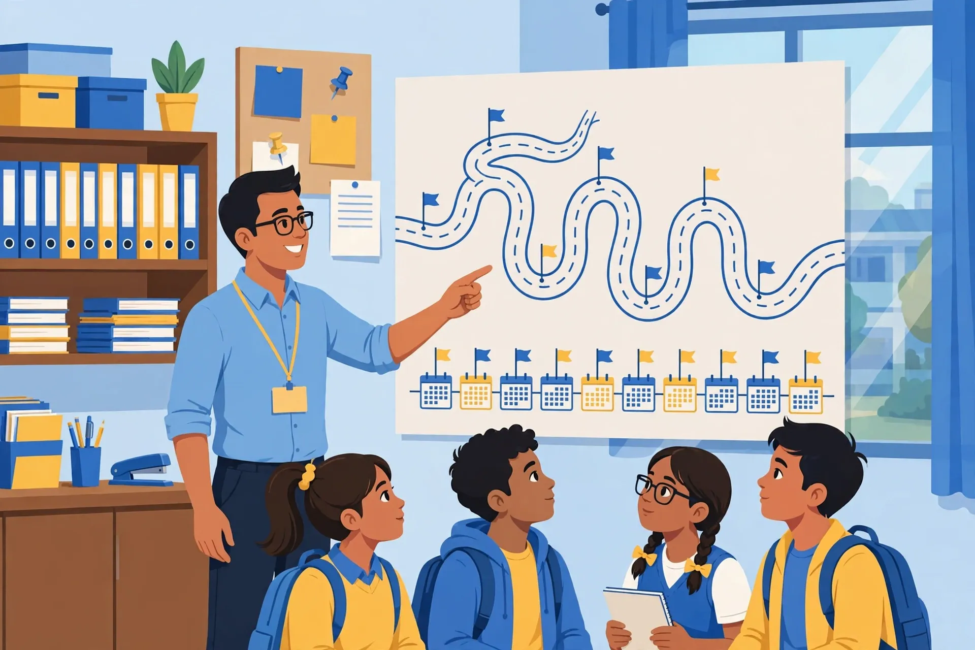 Teacher pointing at a phased implementation roadmap showing the MATATAG Curriculum vs K to 12 rollout across school years