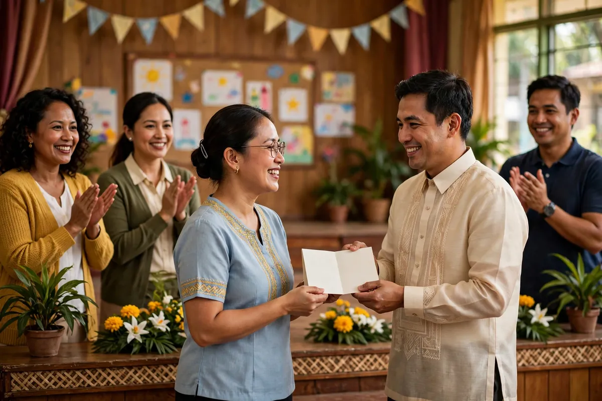 Teacher receiving a promotion certificate at a school ceremony