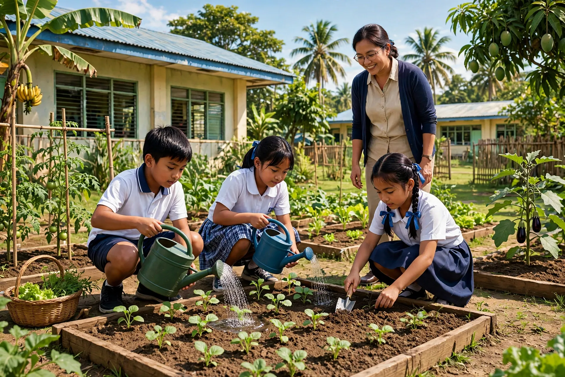 Students tending vegetables in a school garden for Agriculture and Fishery Arts under the MATATAG TLE curriculum