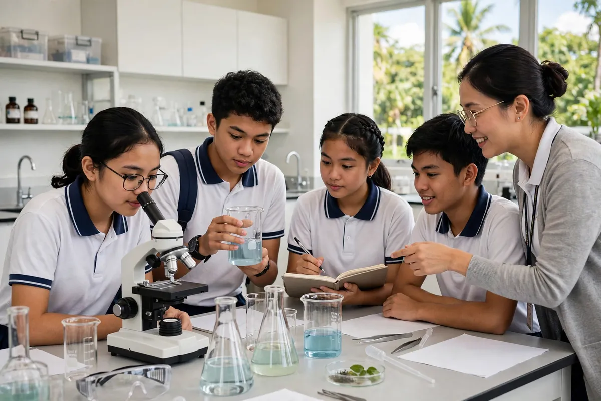 Junior high students doing a science experiment in a school laboratory