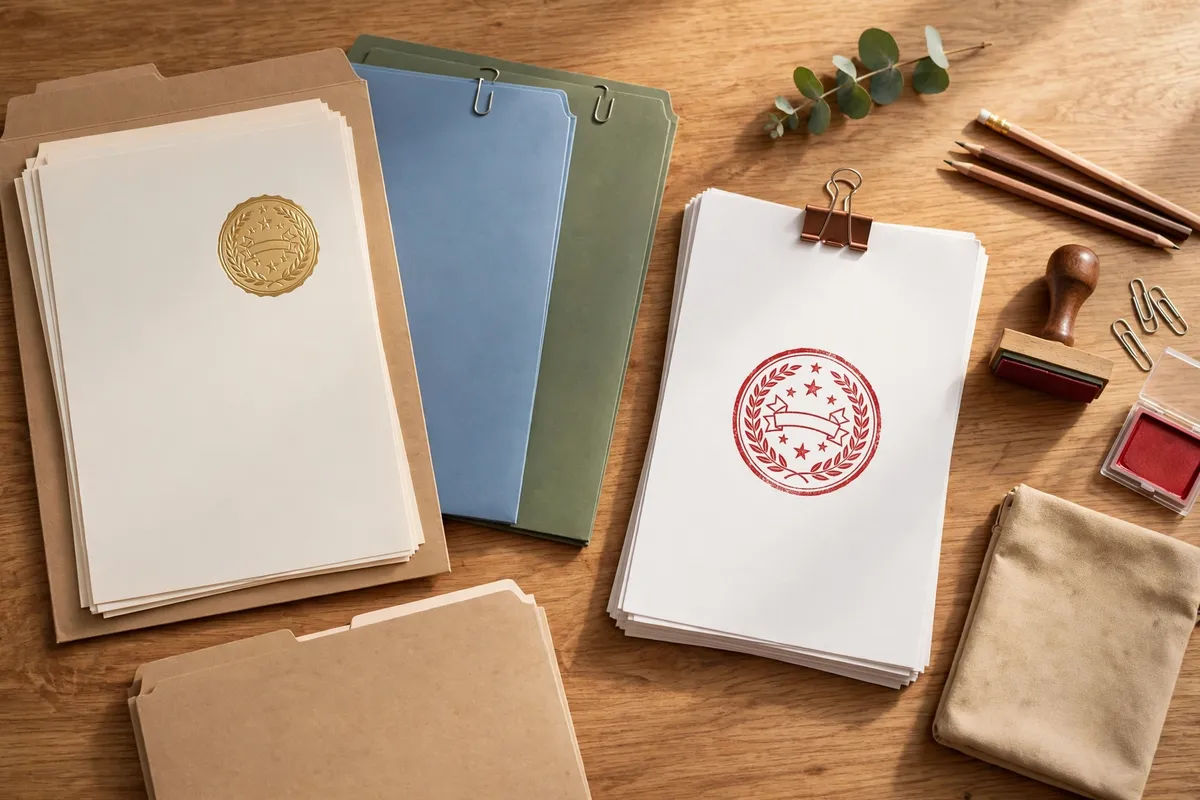 Certified school documents and folders on a desk