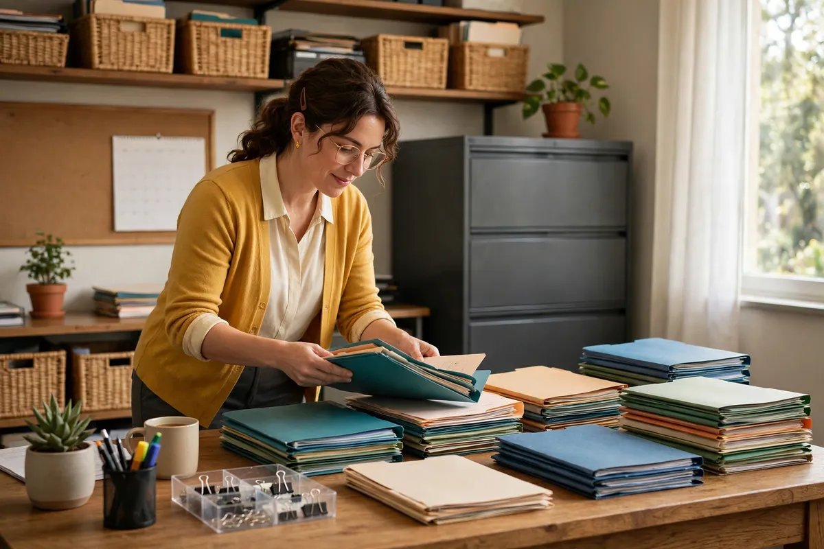 School registrar organizing learner records in an office