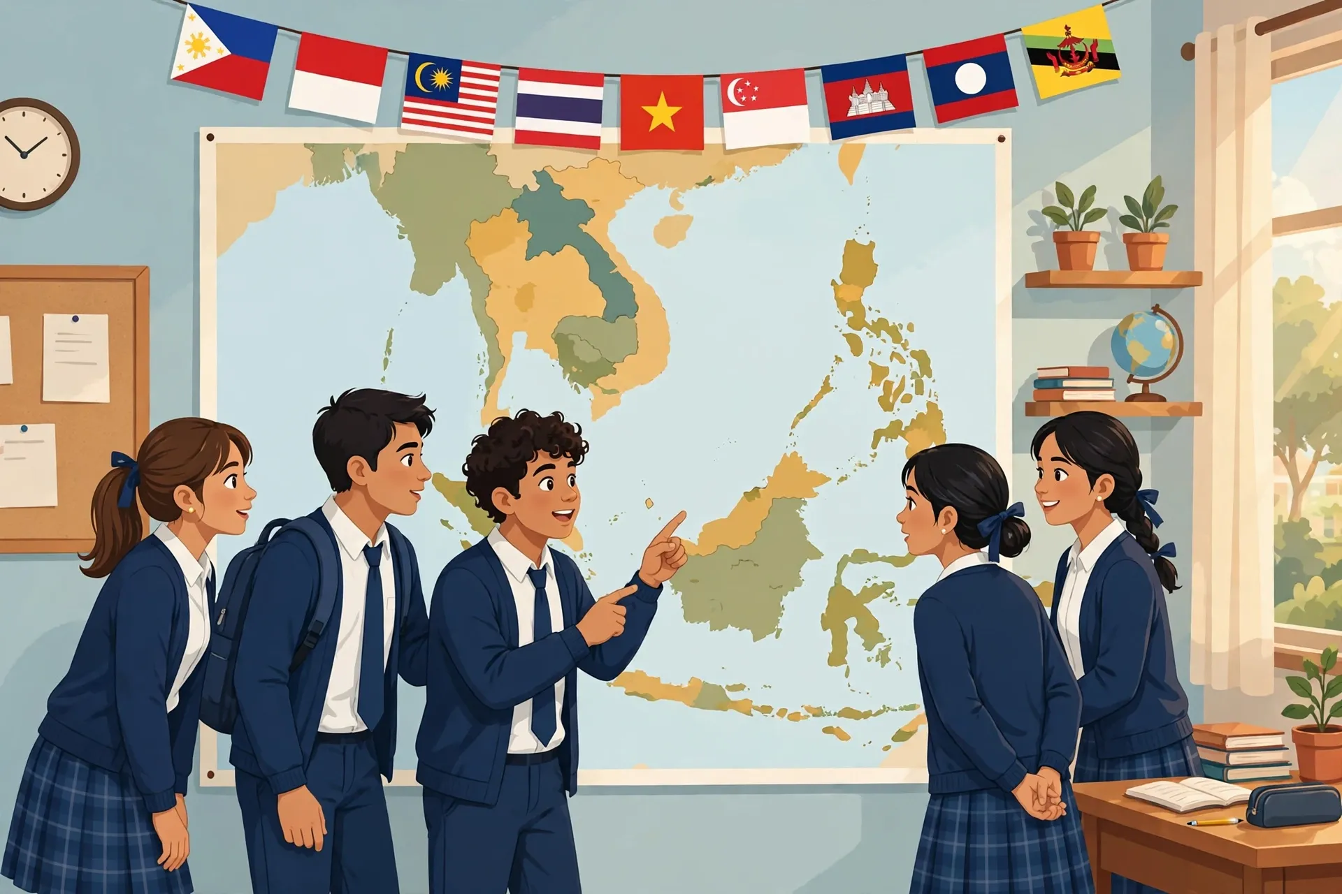 Filipino students studying a Southeast Asia map in the redesigned Araling Panlipunan 7 MATATAG class