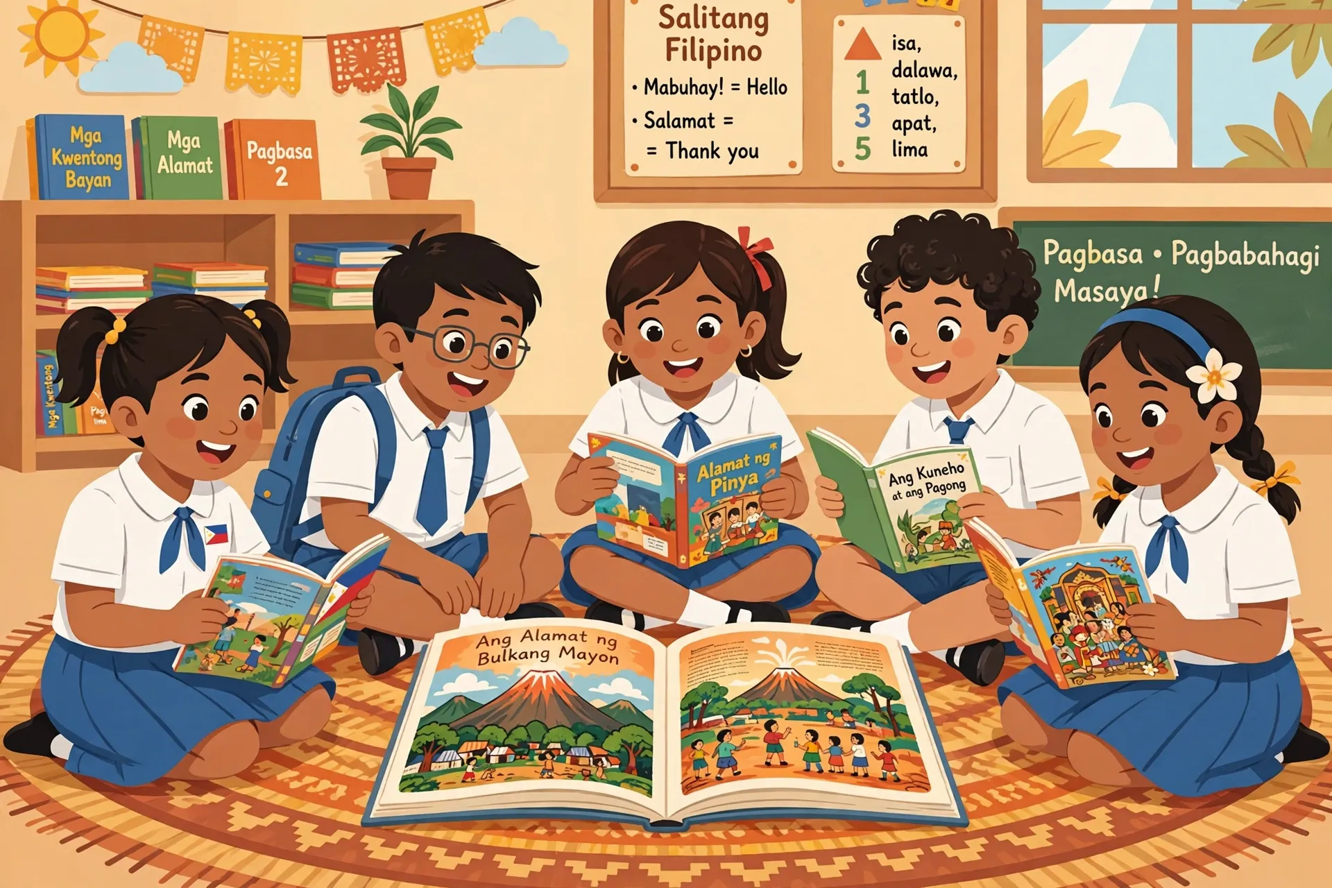Filipino schoolchildren reading storybooks together under the MATATAG Filipino curriculum guide