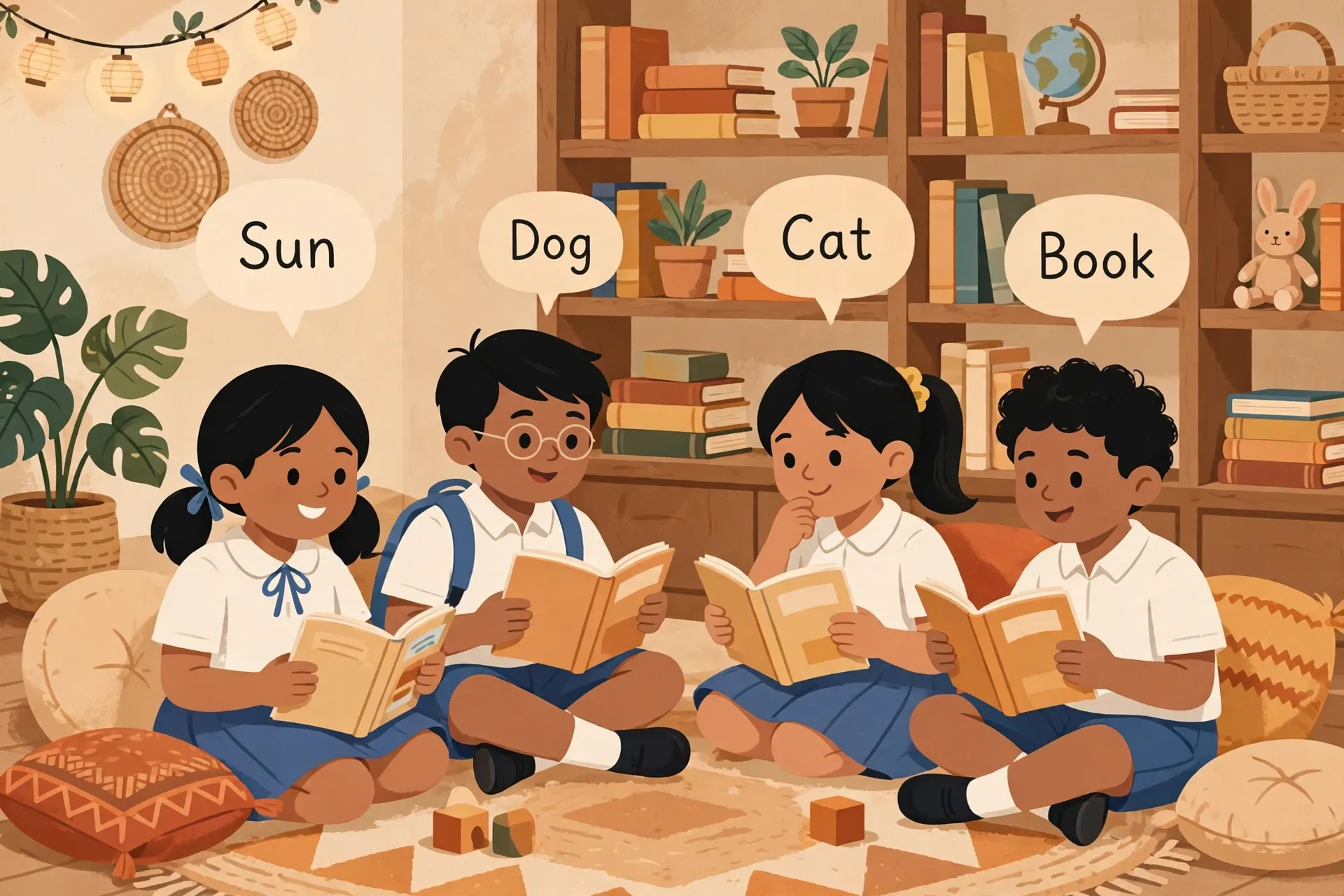 Filipino schoolchildren reading English books together and learning vocabulary under the MATATAG English curriculum guide