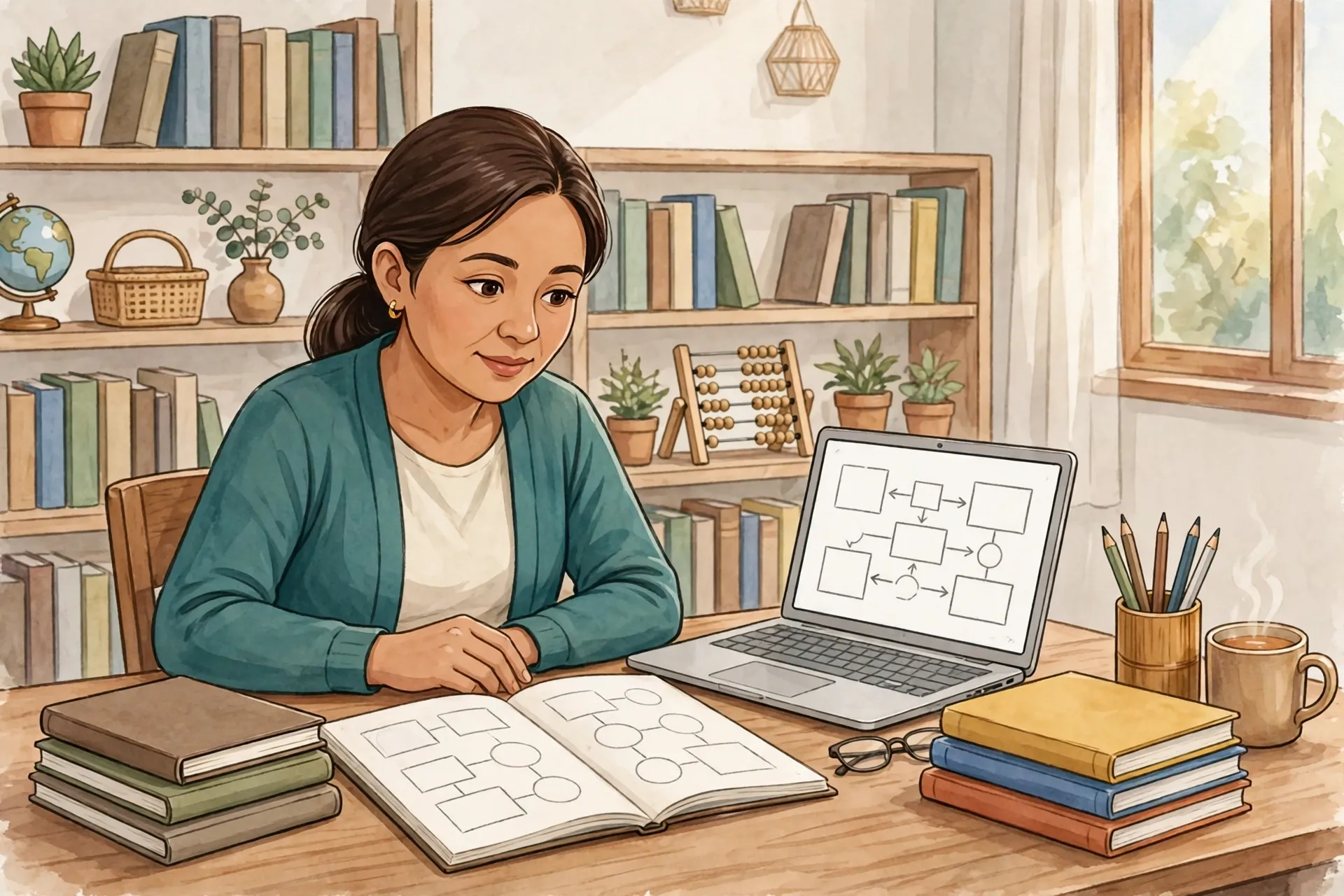 A Filipino teacher planning lessons with a teacher's guide and curriculum guides on her desk