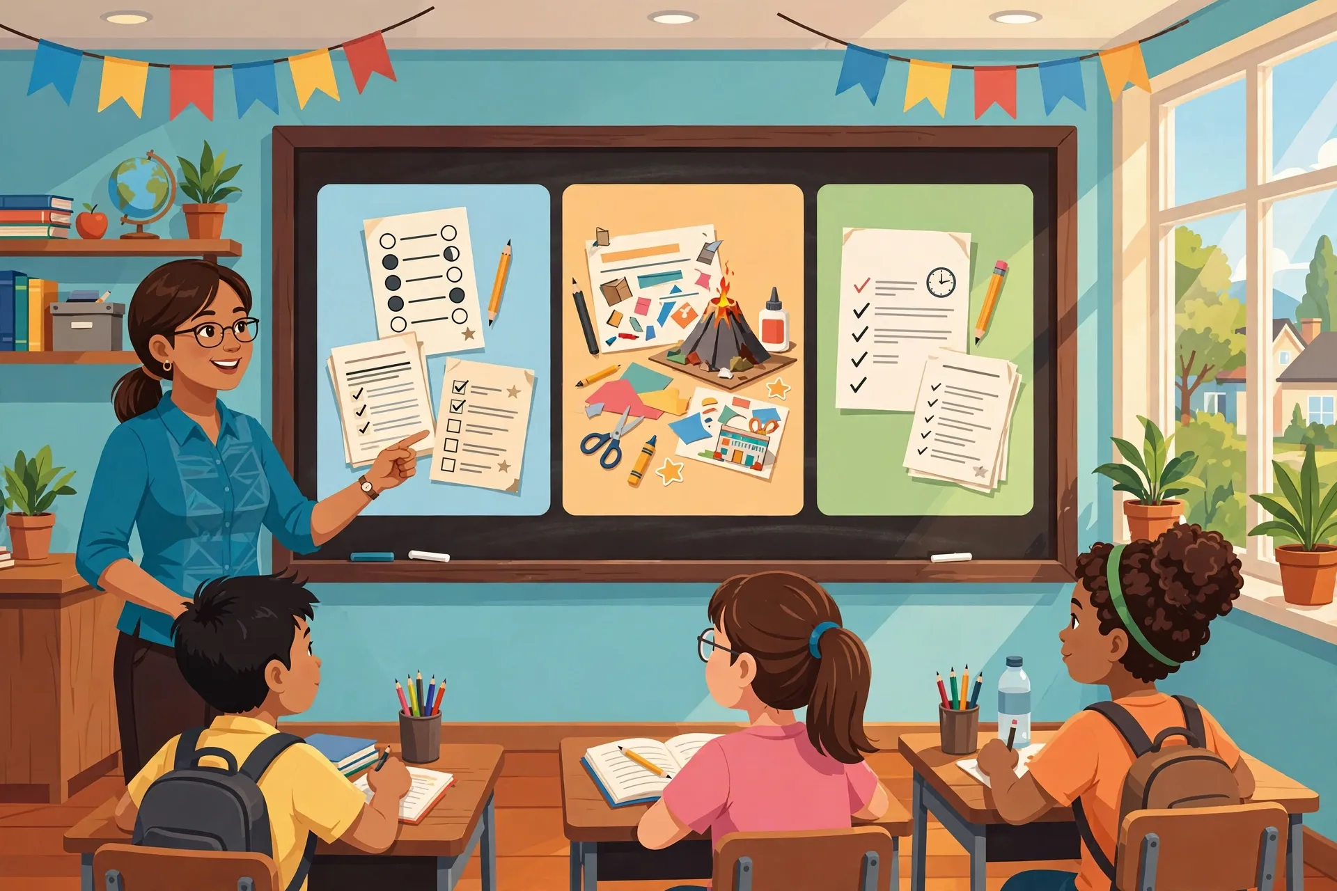 Teacher explaining the three MATATAG grading system components: Written Works, Performance Tasks, and Quarterly Assessment
