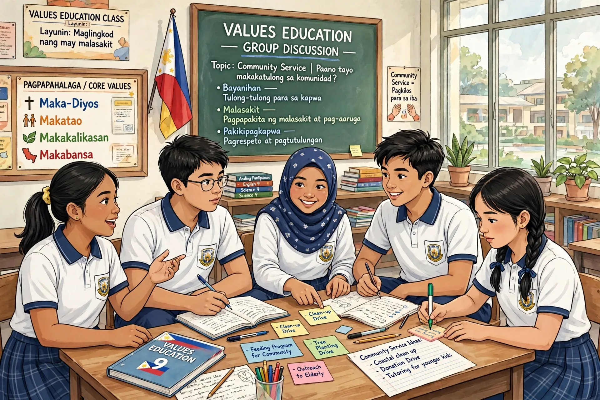 High school students in a Values Education discussion on community service under the MATATAG curriculum