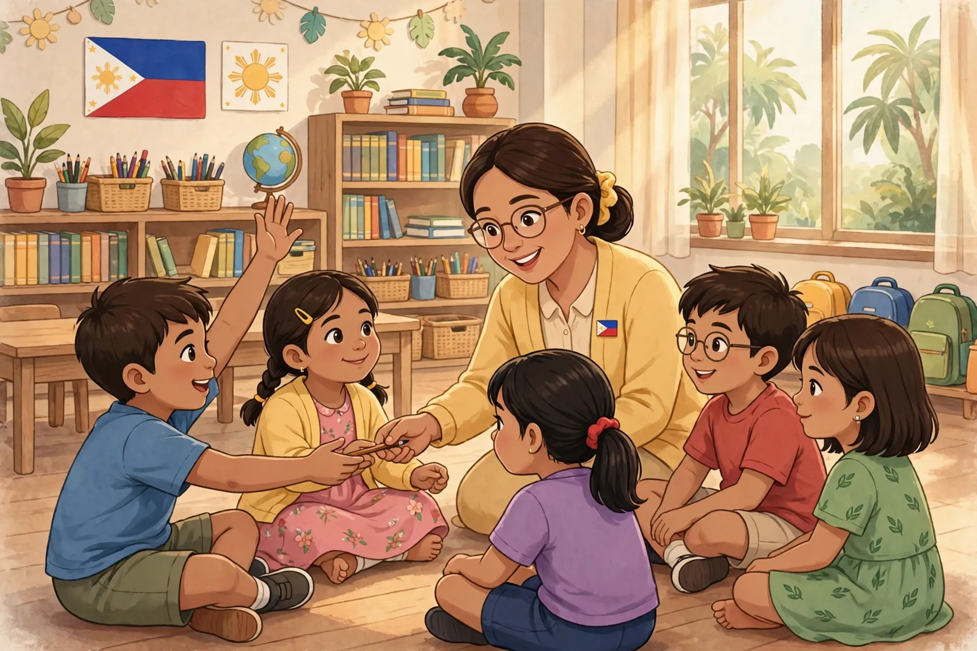 Filipino teacher guiding young learners in values formation, a key emphasis of the MATATAG Curriculum vs K to 12