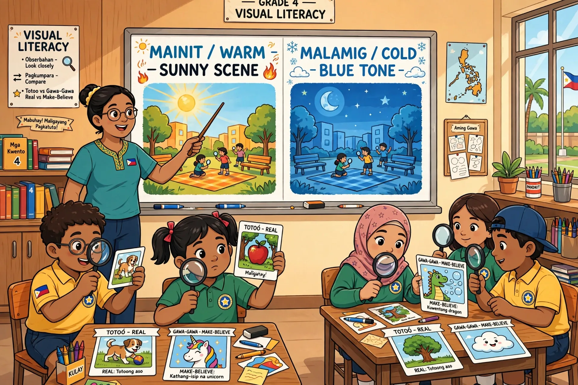Filipino students examining pictures with magnifying glasses to build visual literacy in the MATATAG English curriculum guide